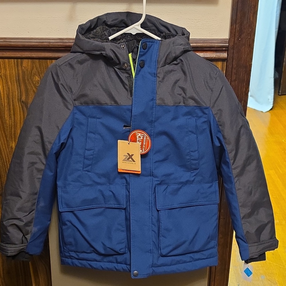 ZeroXposur Unisex Kids Puffer Jacket Colorblock Blue Gray‎ Hooded Zip Size 10/12